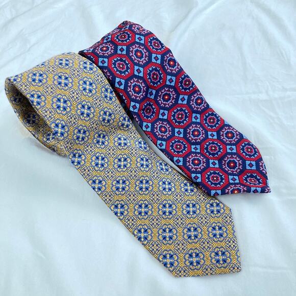 Lot of 2 Gold & Red 100% Silk Geometric Medallion Print Slim Ties Classic Length - Picture 1 of 12